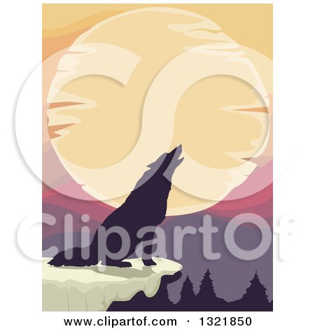 Clipart of a Black Silhouetted Howling Wolf Against a Sunset on a Cliff - Royalty Free Vector Illustration by BNP Design Studio
