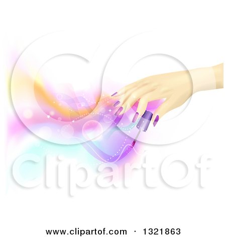 Clipart of a Manicured Female Hand Holding Nail Polish over Magical Lights on White - Royalty Free Vector Illustration by BNP Design Studio