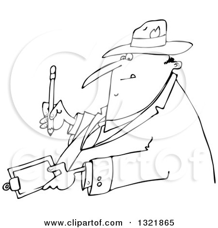 Lineart Clipart of a Cartoon Black and White Chubby Man Writing on a Clipboard - Royalty Free Outline Vector Illustration by djart