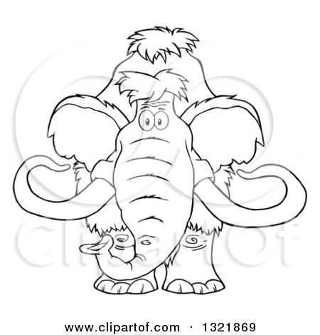 Lineart Clipart of a Cartoon Black and White Woolly Mammoth - Royalty Free Outline Vector Illustration by Hit Toon