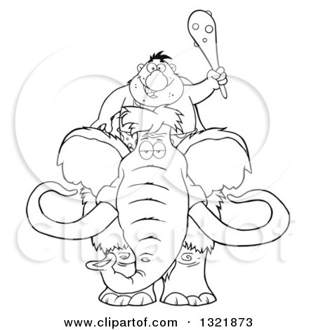 Lineart Clipart of a Cartoon Black and White Caveman Holding up a Club and Riding a Woolly Mammoth - Royalty Free Outline Vector Illustration by Hit Toon