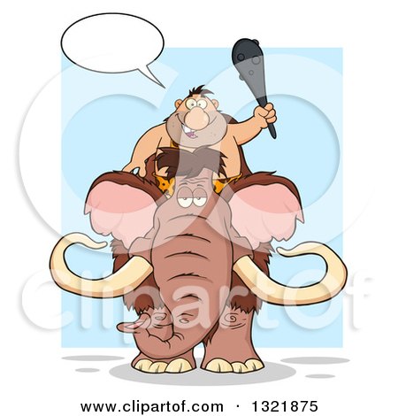Clipart of a Cartoon Caveman Talking, Holding up a Club and Riding a Woolly Mammoth over a Blue Square - Royalty Free Vector Illustration by Hit Toon