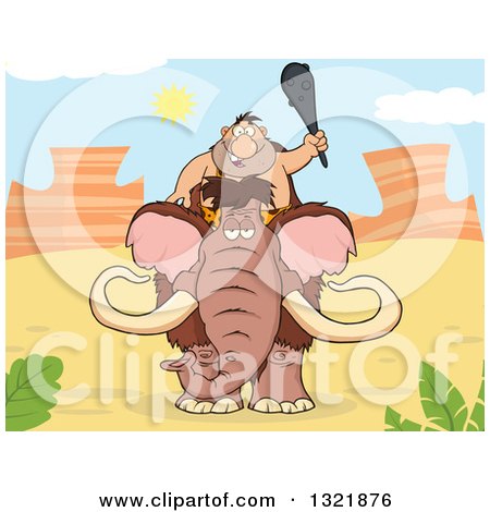 Clipart of a Cartoon Caveman Holding up a Club and Riding a Woolly Mammoth in the Desert - Royalty Free Vector Illustration by Hit Toon