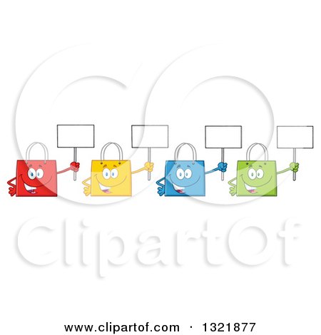 Clipart of Cartoon Colorful Shopping Bag Characters Holding up Blank Signs - Royalty Free Vector Illustration by Hit Toon