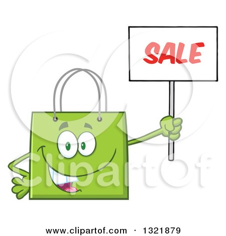 Clipart of a Cartoon Green Shopping Bag Character Holding up a Sale Sign - Royalty Free Vector Illustration by Hit Toon