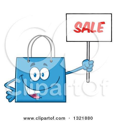 Clipart of a Cartoon Blue Shopping Bag Character Holding up a Sale Sign - Royalty Free Vector Illustration by Hit Toon