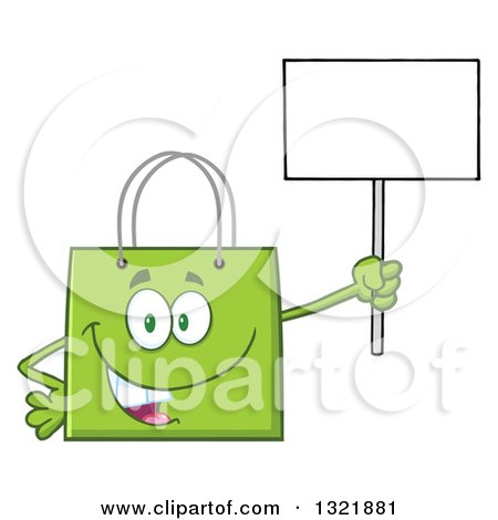 Clipart of a Cartoon Green Shopping Bag Character Holding up a Blank Sign - Royalty Free Vector Illustration by Hit Toon