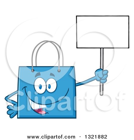 Clipart of a Cartoon Blue Shopping Bag Character Holding up a Blank Sign - Royalty Free Vector Illustration by Hit Toon