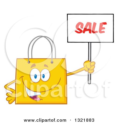 Clipart of a Cartoon Yellow Shopping Bag Character Holding up a Sale Sign - Royalty Free Vector Illustration by Hit Toon
