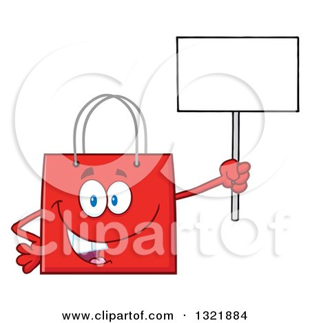 Clipart of a Cartoon Red Shopping Bag Character Holding up a Blank Sign - Royalty Free Vector Illustration by Hit Toon