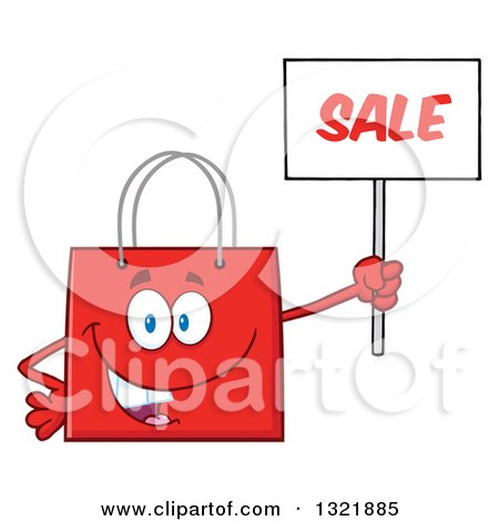 Clipart of a Cartoon Red Shopping Bag Character Holding up a Sale Sign - Royalty Free Vector Illustration by Hit Toon