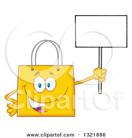 Clipart of a Cartoon Yellow Shopping Bag Character Holding up a Blank Sign - Royalty Free Vector Illustration by Hit Toon