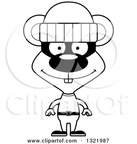 Lineart Clipart of a Cartoon Black and White Happy Mouse Robber - Royalty Free Outline Vector Illustration by Cory Thoman