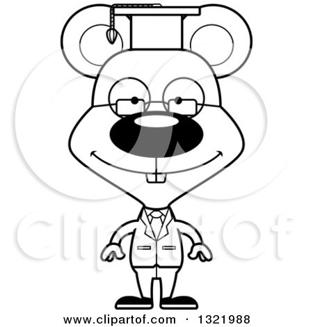 Lineart Clipart of a Cartoon Black and White Happy Mouse Professor - Royalty Free Outline Vector Illustration by Cory Thoman