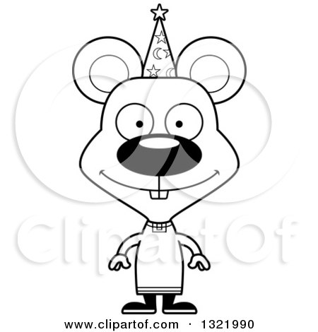 Lineart Clipart of a Cartoon Black and White Happy Mouse Wizard - Royalty Free Outline Vector Illustration by Cory Thoman