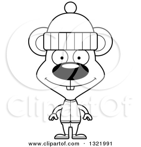 Lineart Clipart of a Cartoon Black and White Happy Mouse in Winter Clothes - Royalty Free Outline Vector Illustration by Cory Thoman