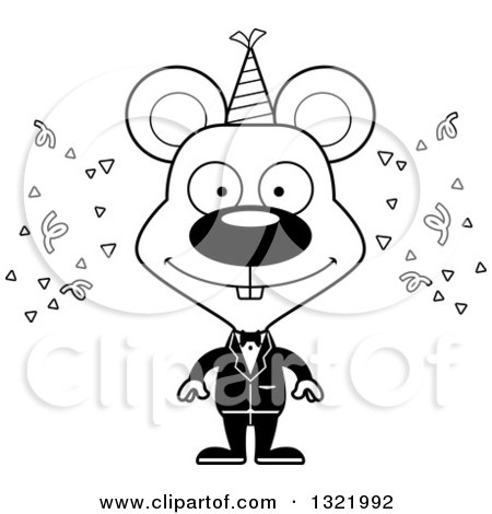 Lineart Clipart of a Cartoon Black and White Happy Party Mouse - Royalty Free Outline Vector Illustration by Cory Thoman