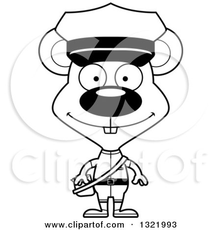 Lineart Clipart of a Cartoon Black and White Happy Mouse Mail Man - Royalty Free Outline Vector Illustration by Cory Thoman
