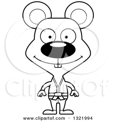 Lineart Clipart of a Cartoon Black and White Happy Karate Mouse - Royalty Free Outline Vector Illustration by Cory Thoman