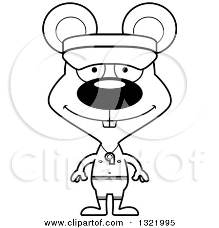 Lineart Clipart of a Cartoon Black and White Happy Mouse Lifeguard - Royalty Free Outline Vector Illustration by Cory Thoman