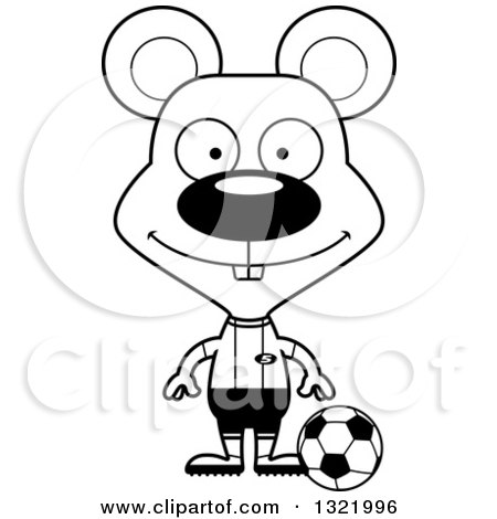 Lineart Clipart of a Cartoon Black and White Happy Mouse Soccer Player - Royalty Free Outline Vector Illustration by Cory Thoman