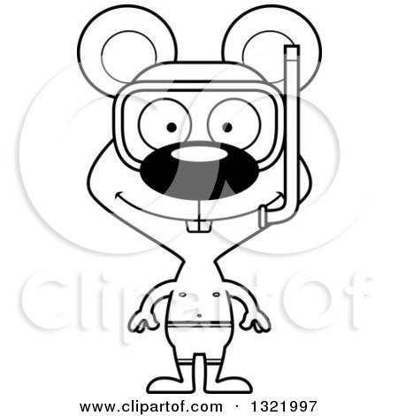 Lineart Clipart of a Cartoon Black and White Happy Mouse Wearing Snorkel Gear - Royalty Free Outline Vector Illustration by Cory Thoman