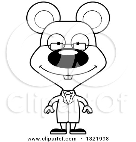 Lineart Clipart of a Cartoon Black and White Happy Mouse Scientist - Royalty Free Outline Vector Illustration by Cory Thoman