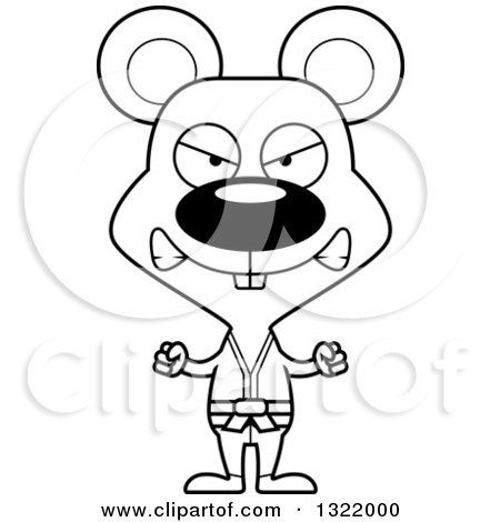 Lineart Clipart of a Cartoon Black and White Mad Karate Mouse - Royalty Free Outline Vector Illustration by Cory Thoman