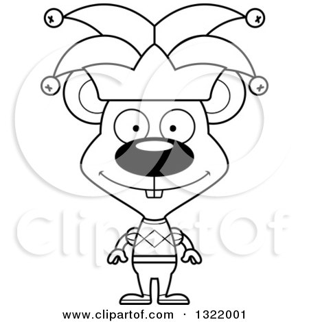 Lineart Clipart of a Cartoon Black and White Happy Mouse Jester - Royalty Free Outline Vector Illustration by Cory Thoman