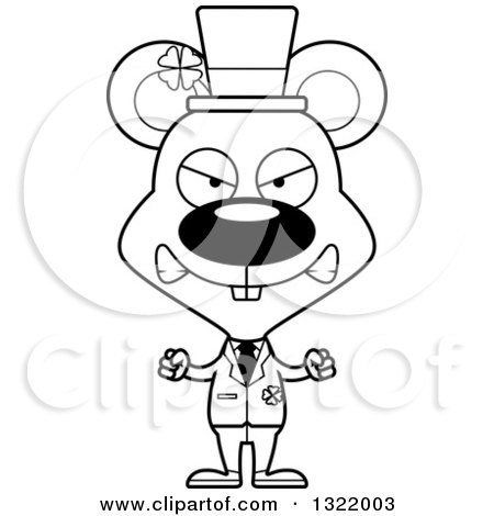 Lineart Clipart of a Cartoon Black and White Mad St Patricks Day Irish Mouse - Royalty Free Outline Vector Illustration by Cory Thoman