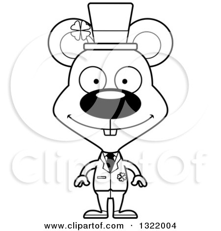 Lineart Clipart of a Cartoon Black and White Happy St Patricks Day Irish Mouse - Royalty Free Outline Vector Illustration by Cory Thoman
