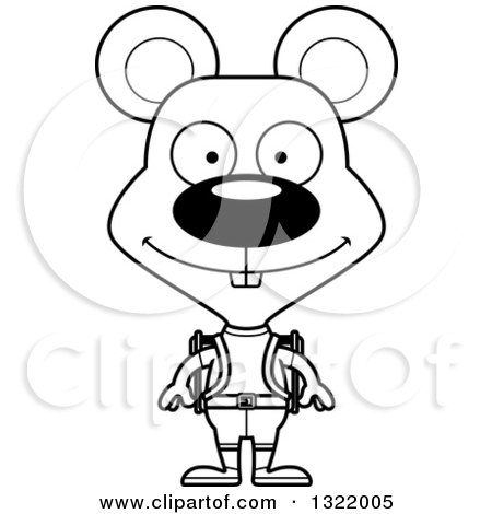 Lineart Clipart of a Cartoon Black and White Happy Mouse Hiker - Royalty Free Outline Vector Illustration by Cory Thoman