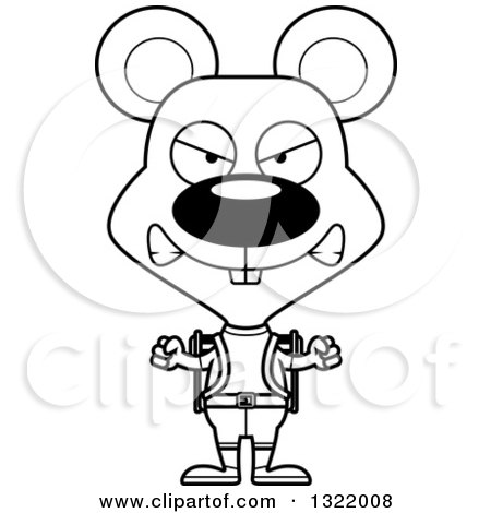 Lineart Clipart of a Cartoon Black and White Mad Mouse Hiker - Royalty Free Outline Vector Illustration by Cory Thoman