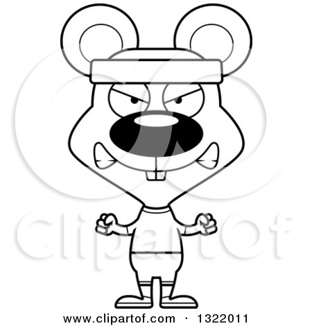Lineart Clipart of a Cartoon Black and White Mad Fitness Mouse - Royalty Free Outline Vector Illustration by Cory Thoman