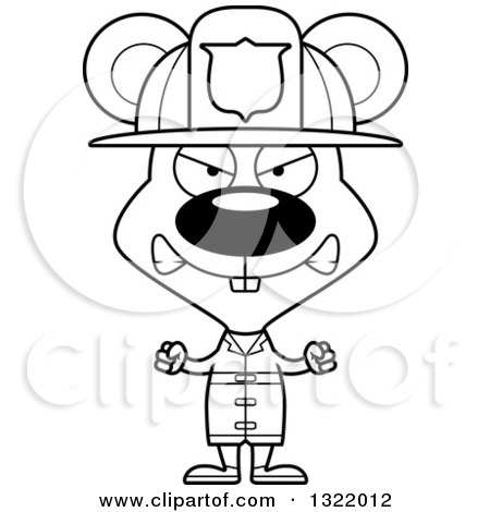 Lineart Clipart of a Cartoon Black and White Mad Mouse Fire Fighter - Royalty Free Outline Vector Illustration by Cory Thoman