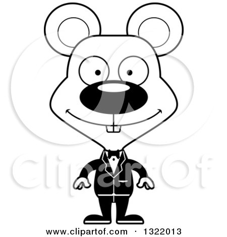 Lineart Clipart of a Cartoon Black and White Happy Mouse Groom - Royalty Free Outline Vector Illustration by Cory Thoman