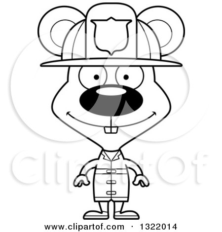 Lineart Clipart of a Cartoon Black and White Happy Mouse Fire Fighter - Royalty Free Outline Vector Illustration by Cory Thoman