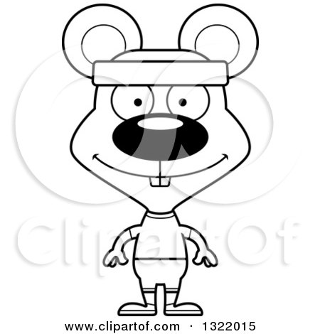 Lineart Clipart of a Cartoon Black and White Happy Fitness Mouse - Royalty Free Outline Vector Illustration by Cory Thoman
