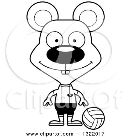 Lineart Clipart of a Cartoon Black and White Happy Mouse Volleyball Player - Royalty Free Outline Vector Illustration by Cory Thoman