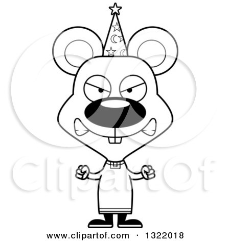 Lineart Clipart of a Cartoon Black and White Mad Mouse Wizard - Royalty Free Outline Vector Illustration by Cory Thoman