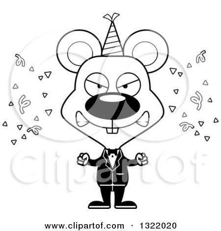 Lineart Clipart of a Cartoon Black and White Mad Party Mouse - Royalty Free Outline Vector Illustration by Cory Thoman