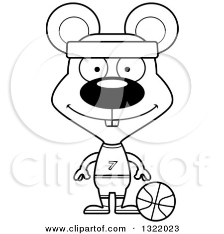 Lineart Clipart of a Cartoon Black and White Happy Mouse Basketball Player - Royalty Free Outline Vector Illustration by Cory Thoman