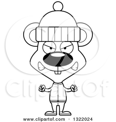 Lineart Clipart of a Cartoon Black and White Mad Mouse in Winter Clothes - Royalty Free Outline Vector Illustration by Cory Thoman