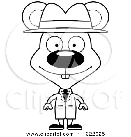Lineart Clipart of a Cartoon Black and White Happy Mouse Detective - Royalty Free Outline Vector Illustration by Cory Thoman