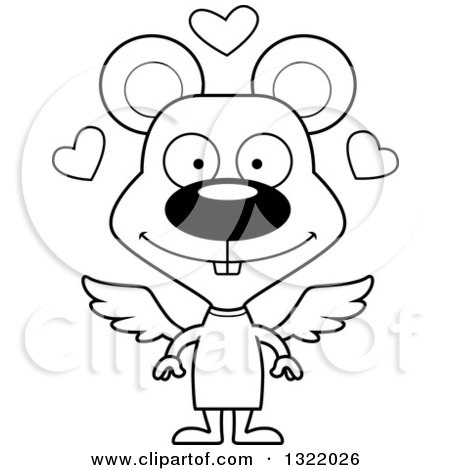 Lineart Clipart of a Cartoon Black and White Happy Mouse Cupid - Royalty Free Outline Vector Illustration by Cory Thoman