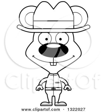 Lineart Clipart of a Cartoon Black and White Happy Mouse Cowboy - Royalty Free Outline Vector Illustration by Cory Thoman
