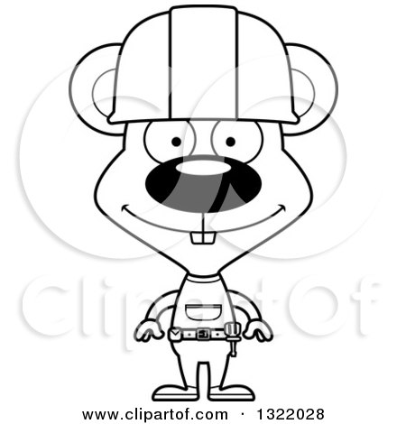 Lineart Clipart of a Cartoon Black and White Happy Mouse Construction Worker - Royalty Free Outline Vector Illustration by Cory Thoman
