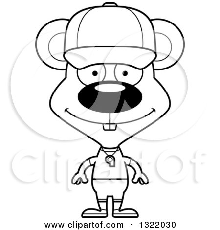 Lineart Clipart of a Cartoon Black and White Happy Mouse Coach - Royalty Free Outline Vector Illustration by Cory Thoman