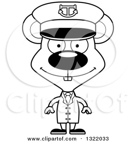 Lineart Clipart of a Cartoon Black and White Happy Mouse Captain - Royalty Free Outline Vector Illustration by Cory Thoman