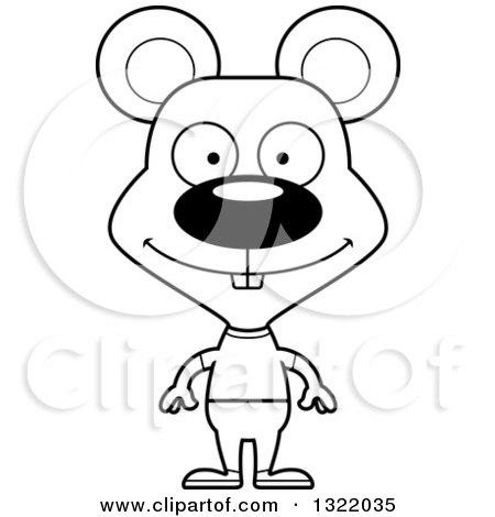 Lineart Clipart of a Cartoon Black and White Happy Casual Mouse - Royalty Free Outline Vector Illustration by Cory Thoman